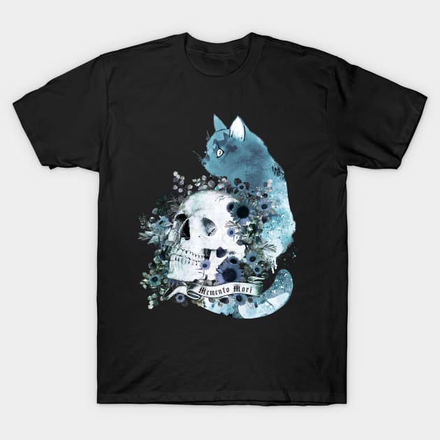 Blue cat and botanic Skull with flowers, memento mori, cat skull, witch, goth, watercolor T-Shirt by Collagedream